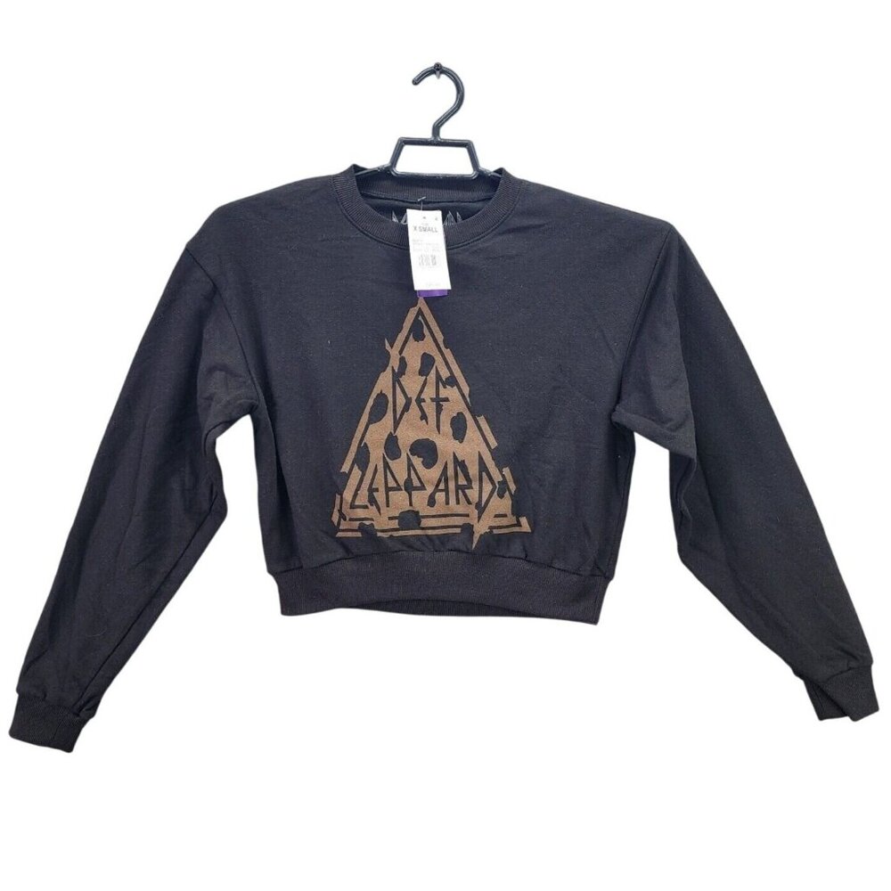 Womens Def Leppard Black Graphic Cropped Sweatshirt Long Sleeve Cotton Blend XS